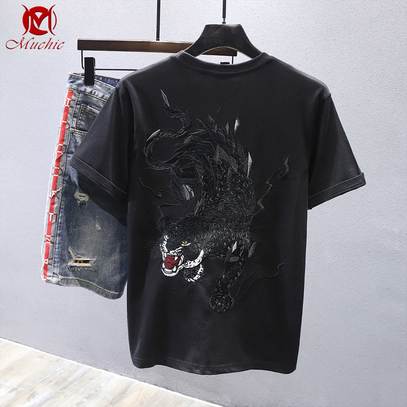 Unisex Intangible Cultural Heritag Tiger Embroidery T-shirt(Hand Embroidered) (Duty Free)