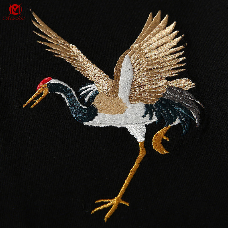 Unisex Intangible Cultural Heritage Red-Crowned Crane Embroidery T-shirt(Hand Embroidered) (Duty Free)