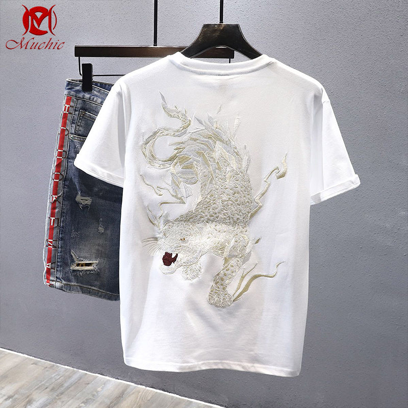 Unisex Intangible Cultural Heritag Tiger Embroidery T-shirt(Hand Embroidered) (Duty Free)