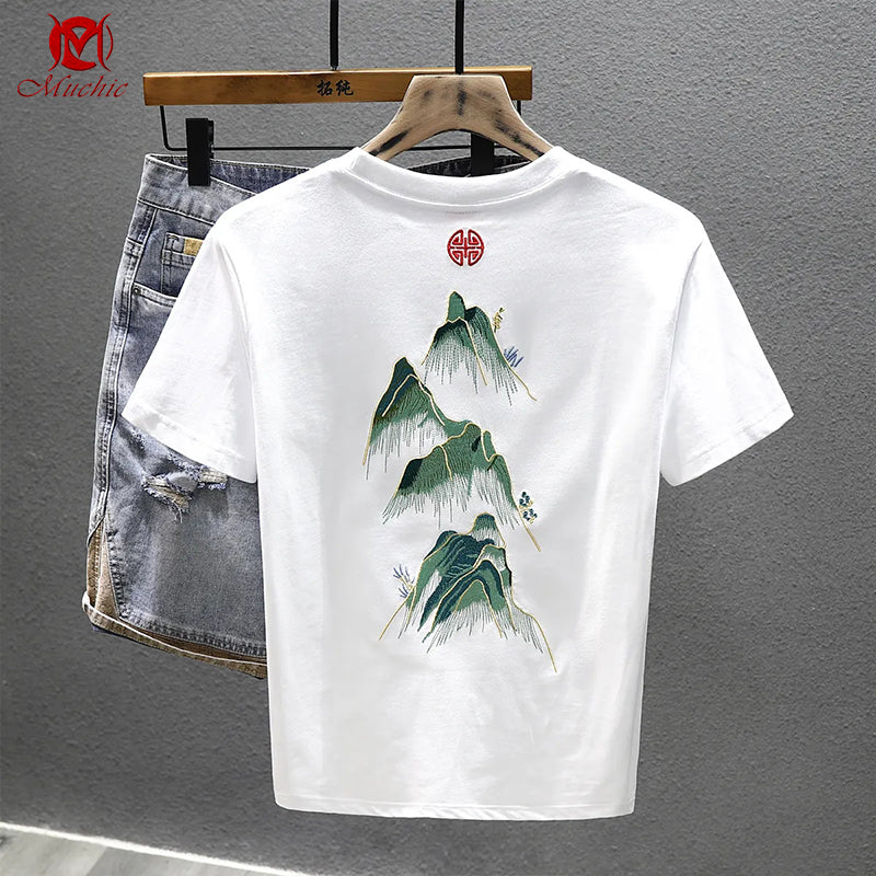 Unisex Intangible Cultural Heritage Mountains Embroidery T-shirt(Hand Embroidered) (Duty Free)