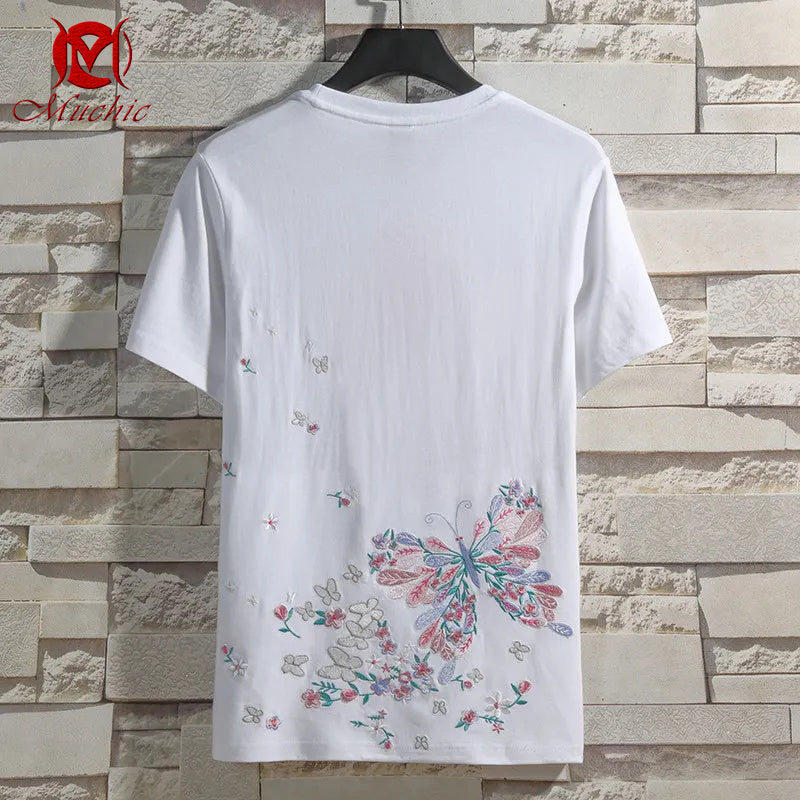 Unisex Intangible Cultural Heritag Butterflies Embroidery T-shirt(Hand Embroidered) (Duty Free)