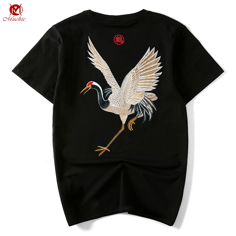Unisex Intangible Cultural Heritage Red-Crowned Crane Embroidery T-shirt(Hand Embroidered) (Duty Free)