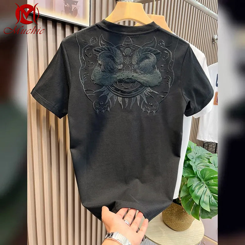 Unisex Intangible Cultural Heritag Lion Dance Embroidery T-shirt(Hand Embroidered) (Duty Free)