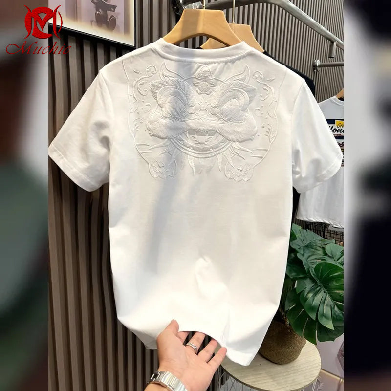 Unisex Intangible Cultural Heritag Lion Dance Embroidery T-shirt(Hand Embroidered) (Duty Free)