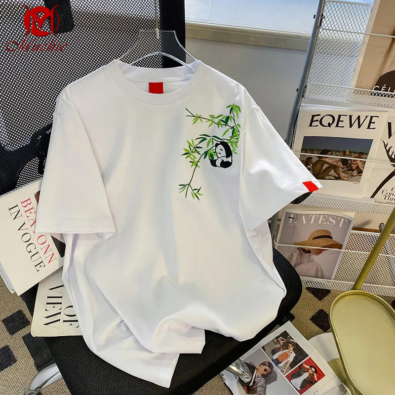 Unisex Intangible Cultural Heritag Panda And Bamboo Embroidery T-shirt(Hand Embroidered) (Duty Free)