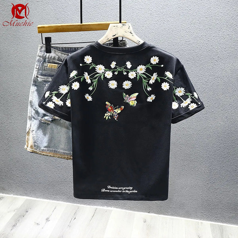 Unisex Intangible Cultural Heritage Butterflies and Flowers Embroidery T-shirt(Hand Embroidered) (Duty Free)