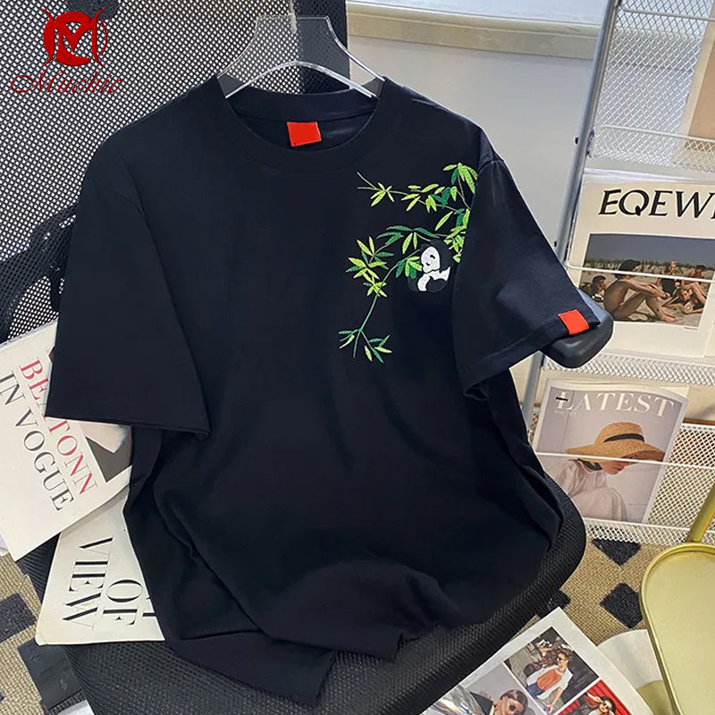 Unisex Intangible Cultural Heritag Panda And Bamboo Embroidery T-shirt(Hand Embroidered) (Duty Free)