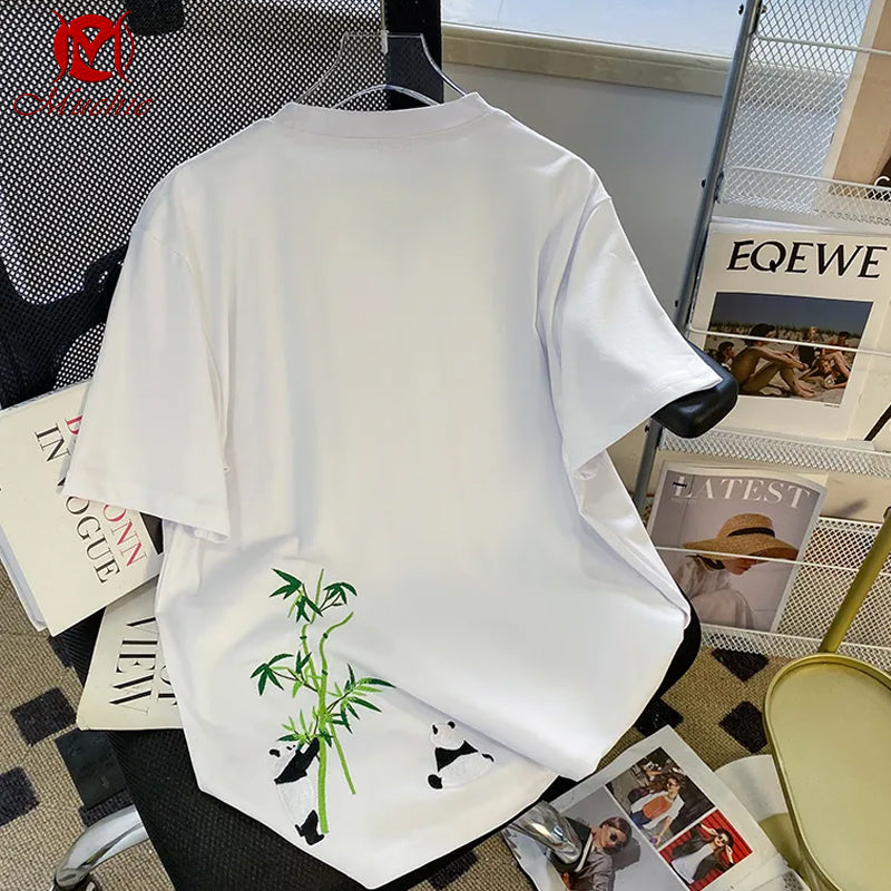 Unisex Intangible Cultural Heritag Panda And Bamboo Embroidery T-shirt(Hand Embroidered) (Duty Free)