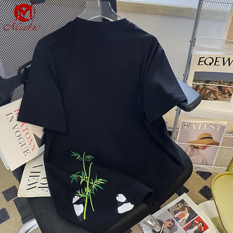 Unisex Intangible Cultural Heritag Panda And Bamboo Embroidery T-shirt(Hand Embroidered) (Duty Free)