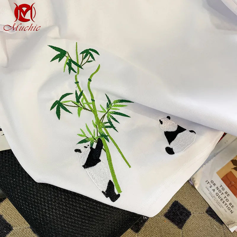 Unisex Intangible Cultural Heritag Panda And Bamboo Embroidery T-shirt(Hand Embroidered) (Duty Free)