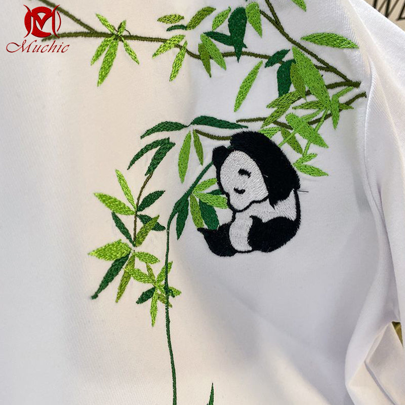 Unisex Intangible Cultural Heritag Panda And Bamboo Embroidery T-shirt(Hand Embroidered) (Duty Free)