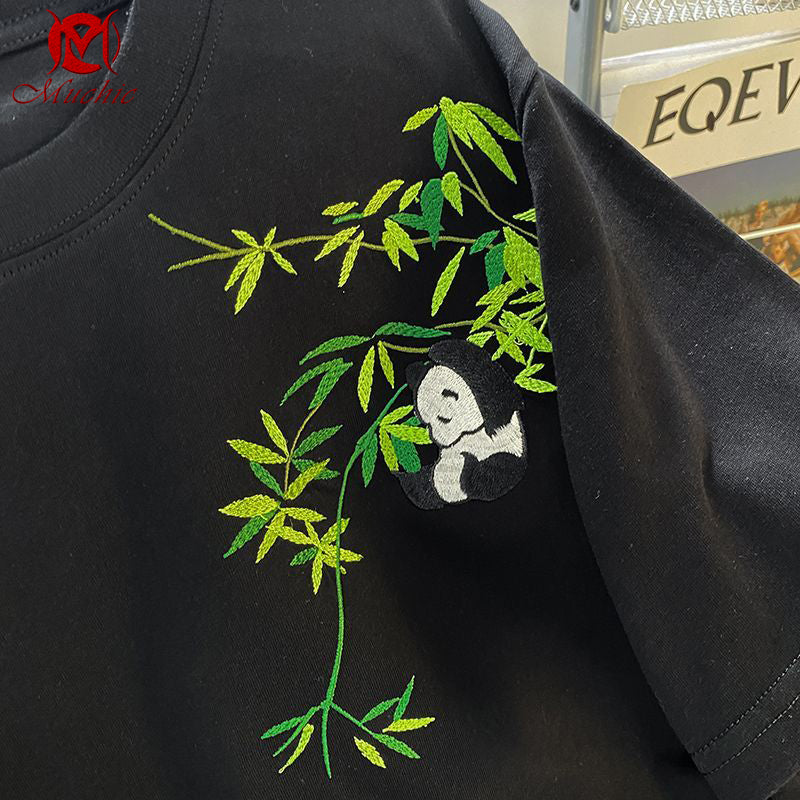 Unisex Intangible Cultural Heritag Panda And Bamboo Embroidery T-shirt(Hand Embroidered) (Duty Free)