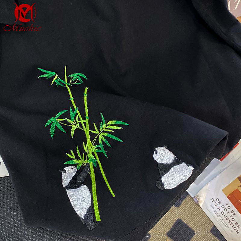 Unisex Intangible Cultural Heritag Panda And Bamboo Embroidery T-shirt(Hand Embroidered) (Duty Free)