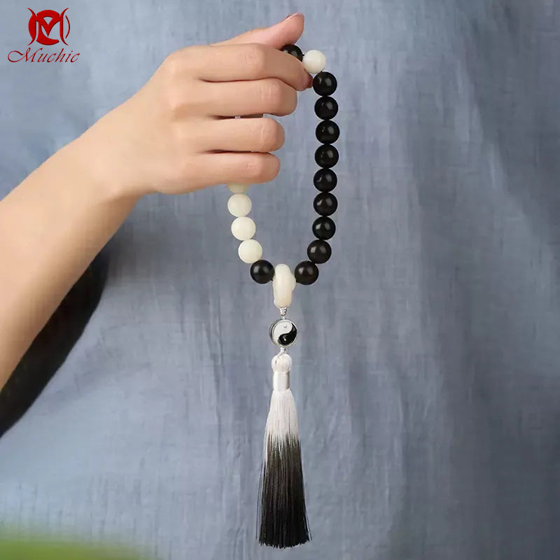 Pure Natural White Jade Bodhi Black Obsidian Bead Bracelet