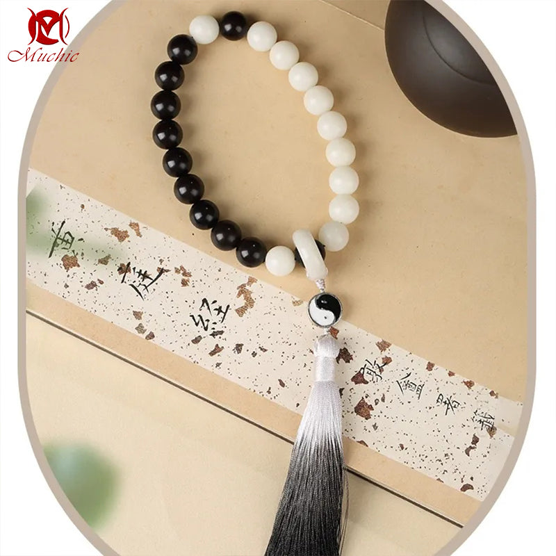 Pure Natural White Jade Bodhi Black Obsidian Bead Bracelet
