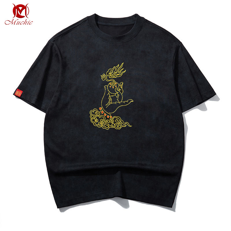 Unisex Intangible Cultural Heritag Buddha's Hand Bead Embroidery T-shirt(Hand Embroidered) (Duty Free)