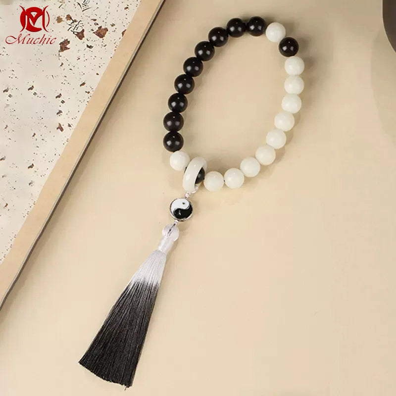 Pure Natural White Jade Bodhi Black Obsidian Bead Bracelet