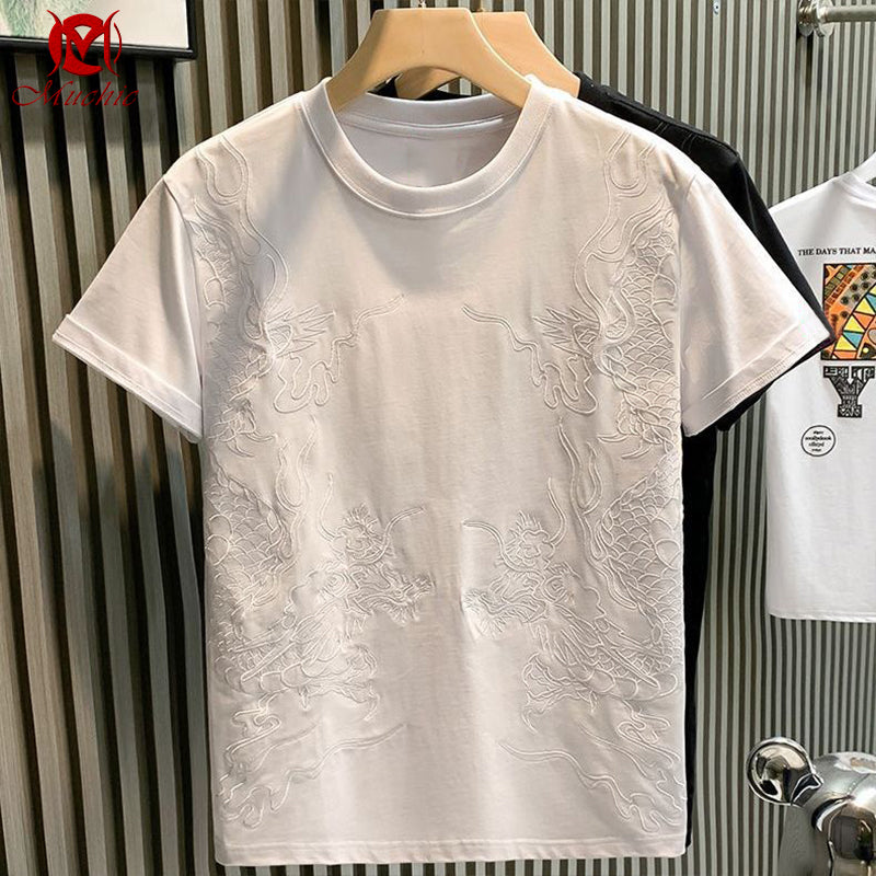 Unisex Intangible Cultural Heritag Double Dragon Embroidery T-shirt(Hand Embroidered) (Duty Free)