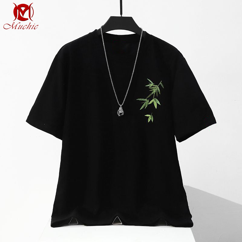 Unisex Intangible Cultural Heritag Bamboo Leaves Embroidery T-shirt(Hand Embroidered) (Duty Free)