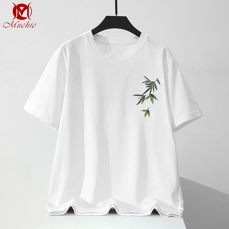 Unisex Intangible Cultural Heritag Bamboo Leaves Embroidery T-shirt(Hand Embroidered) (Duty Free)