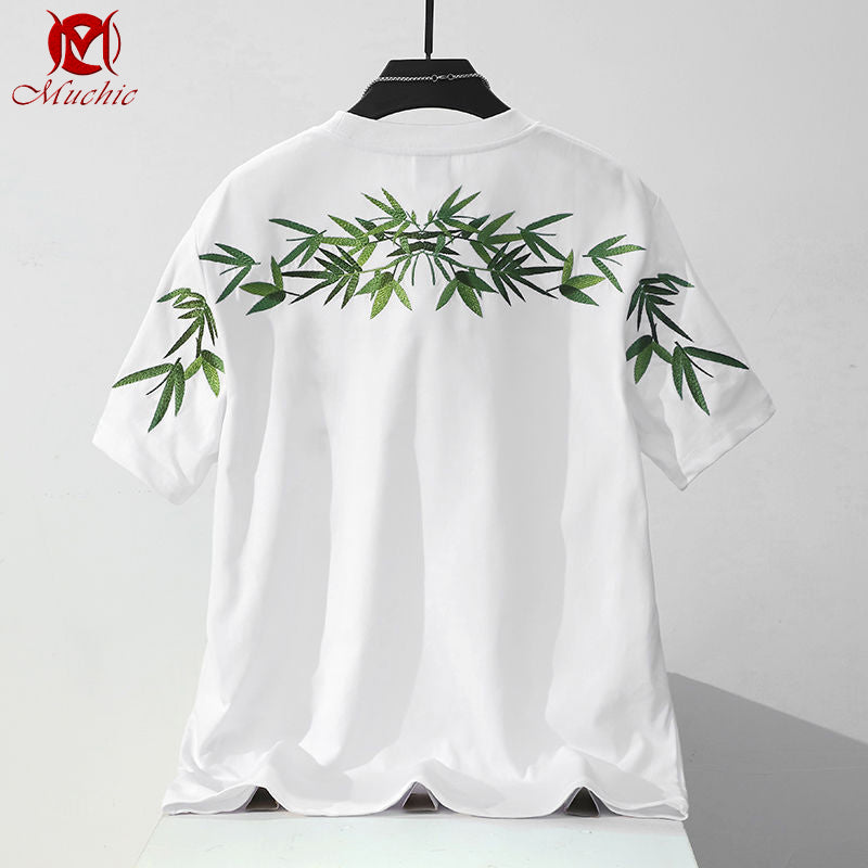 Unisex Intangible Cultural Heritag Bamboo Leaves Embroidery T-shirt(Hand Embroidered) (Duty Free)