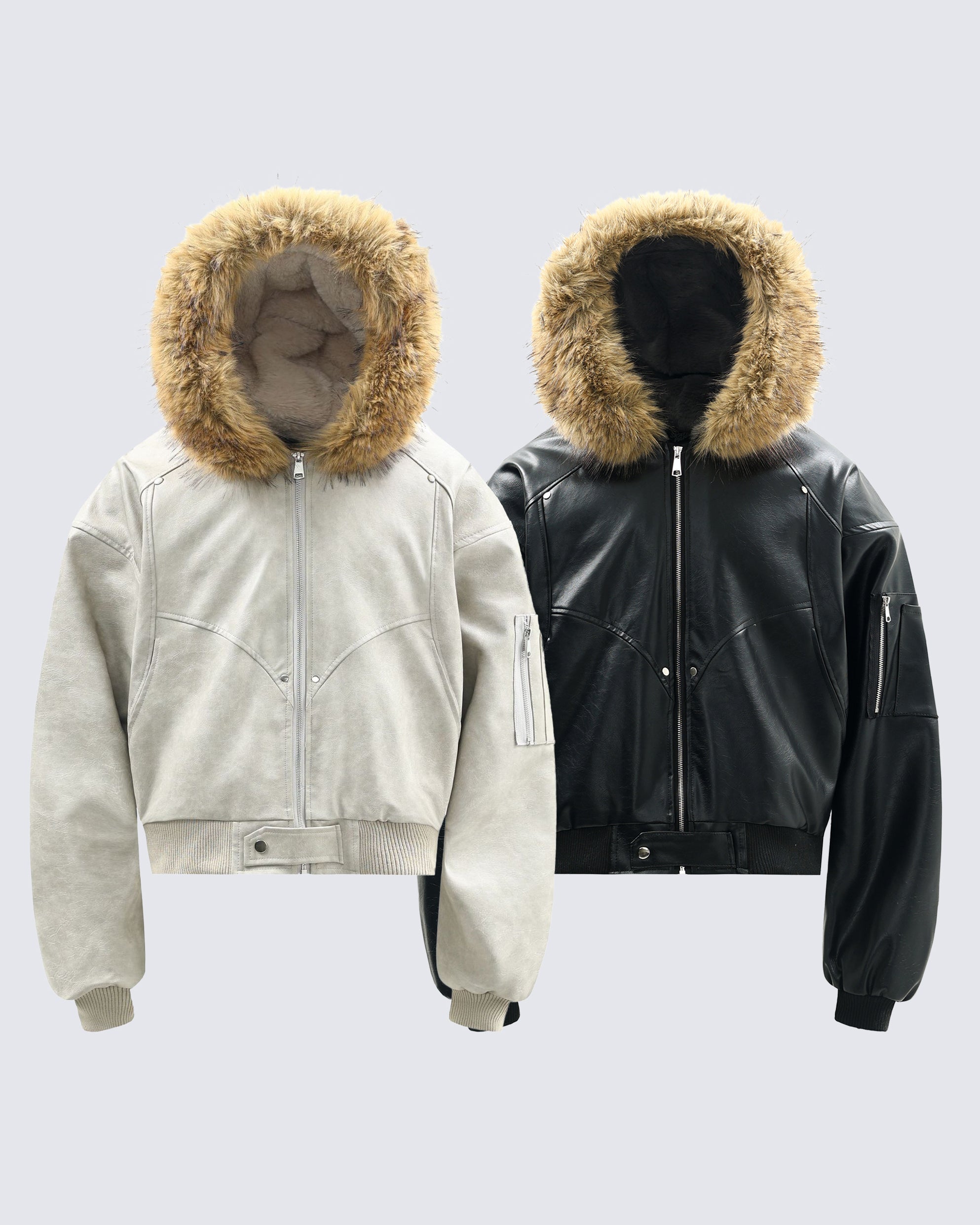 Muchic Unisex Faux Fur Hooded PU Leather Bomber Jacket