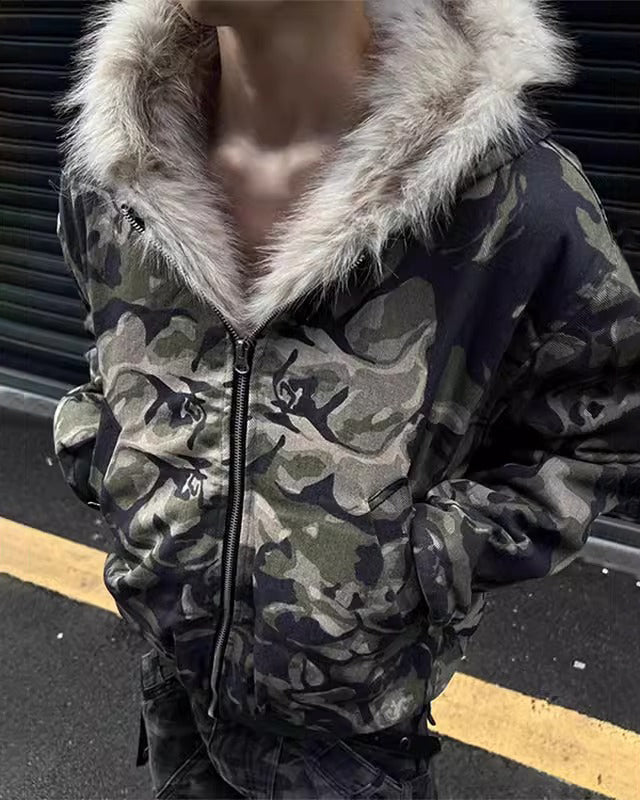 Muchic Unisex Camouflage Fur Collar Padded Jacket