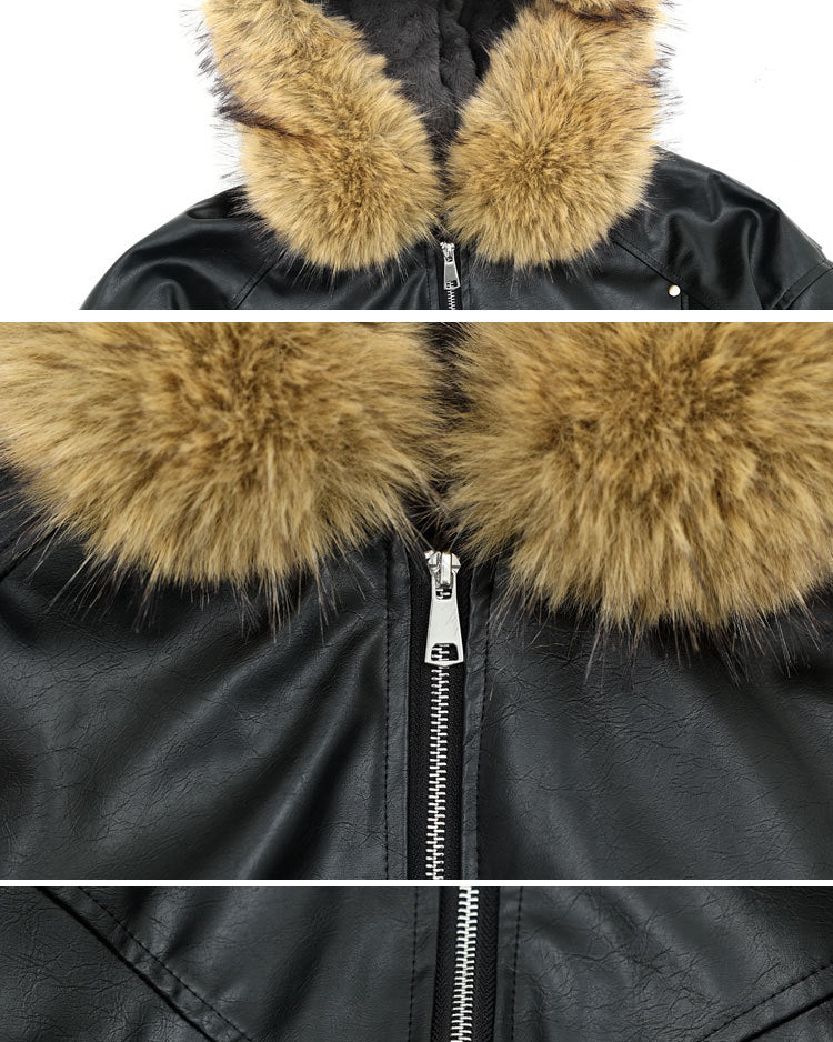 Muchic Unisex Faux Fur Hooded PU Leather Bomber Jacket