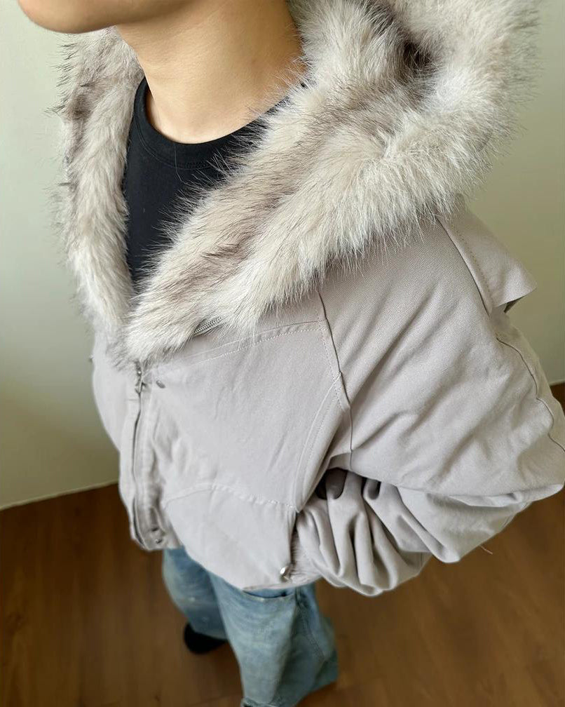 Muchic Unisex Structured Faux Fur Collar Padded Hooded Jacket