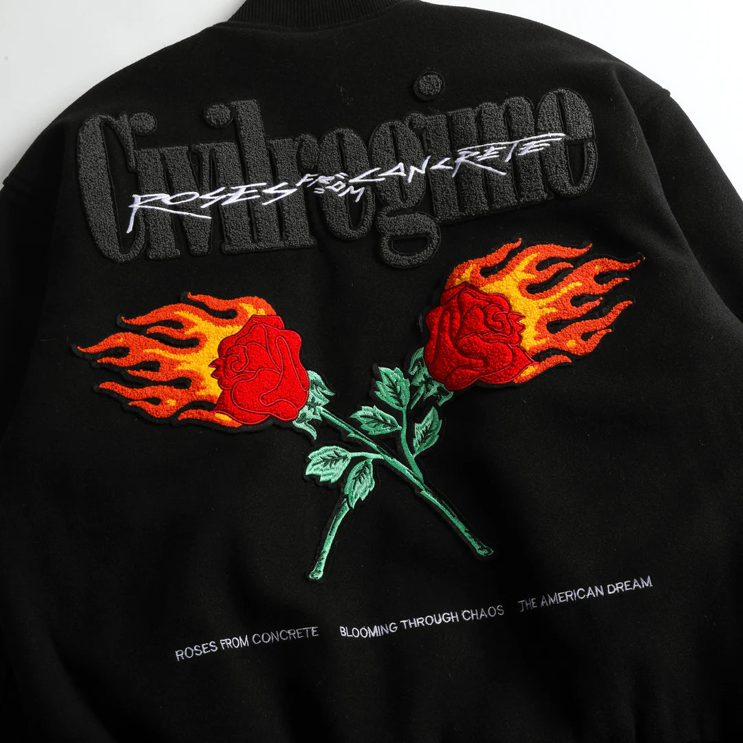 Muchic Fire Rose Embroidered Casual Street Baseball Jacket Coats & Jackets