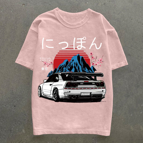 Muchic Japanese & Car Print Short Sleeve T-Shirt