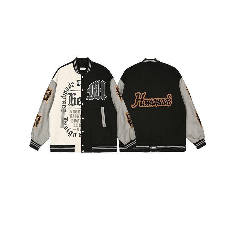 Muchic Leather Embroidered Black And White Baseball Jacket Coats & Jackets