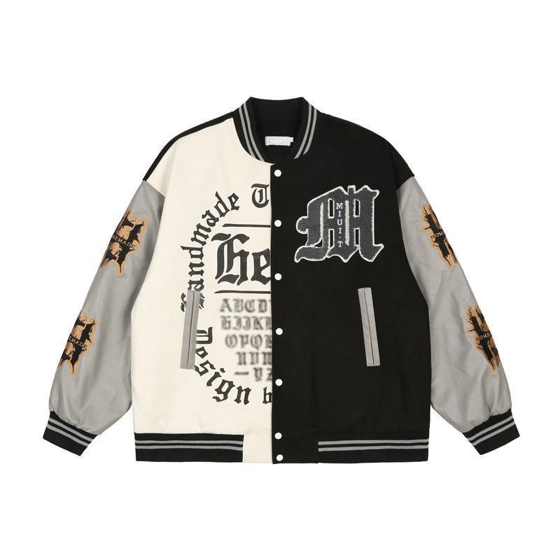 Muchic Leather Embroidered Black And White Baseball Jacket Coats & Jackets