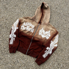 Muchic Against the World Casual Street Retro Zip-Up Hoodie