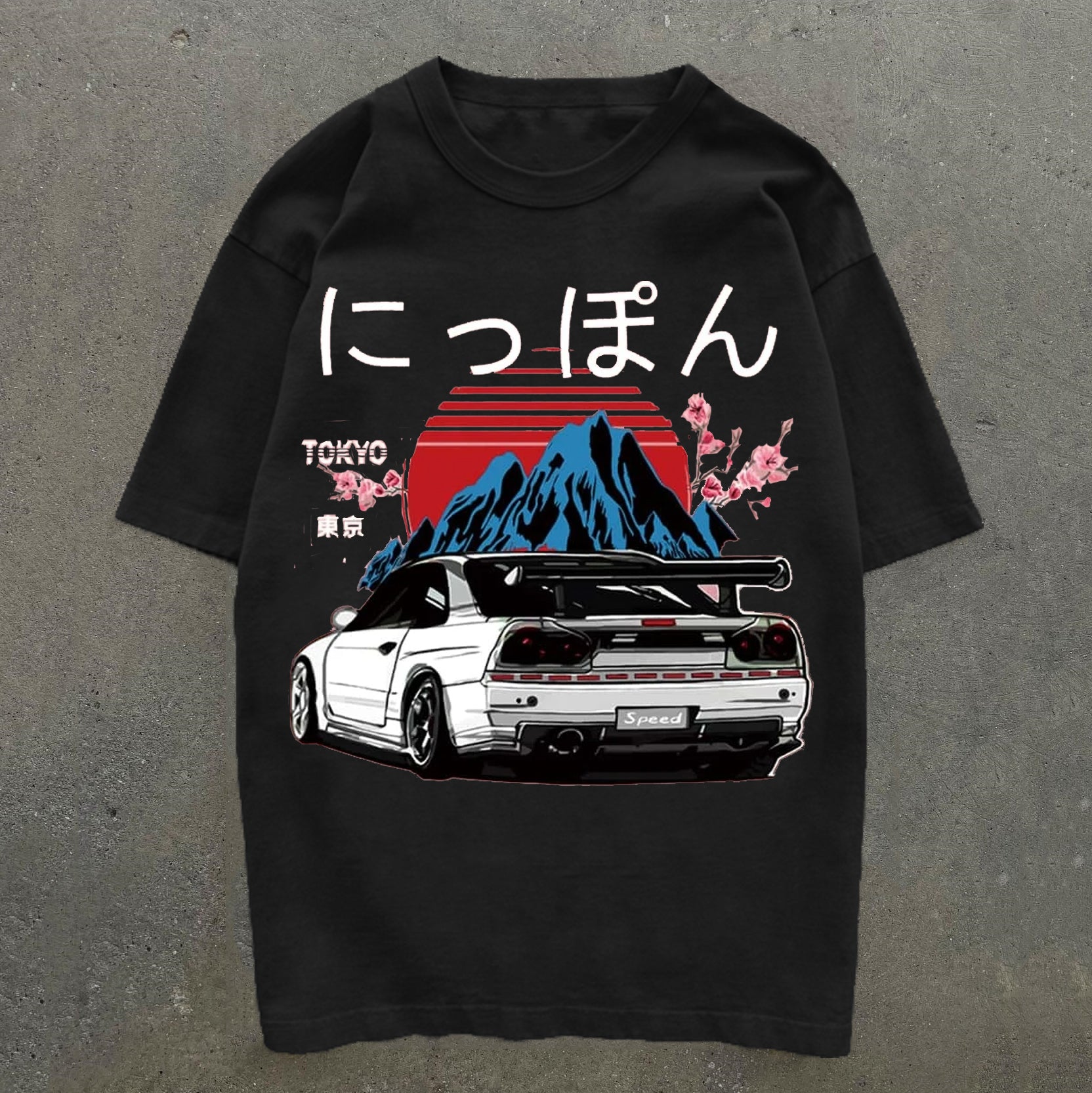 Muchic Japanese & Car Print Short Sleeve T-Shirt