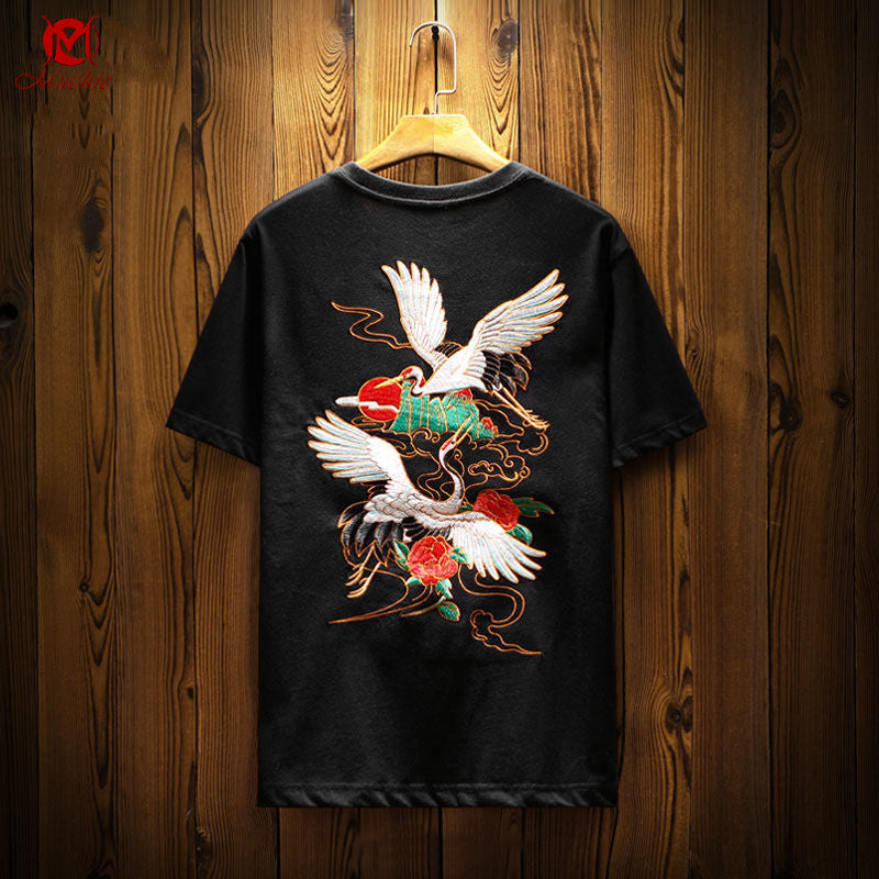 Unisex Intangible Cultural Heritage Red-crowned crane Embroidery T-shirt(Hand Embroidered) (Duty Free)