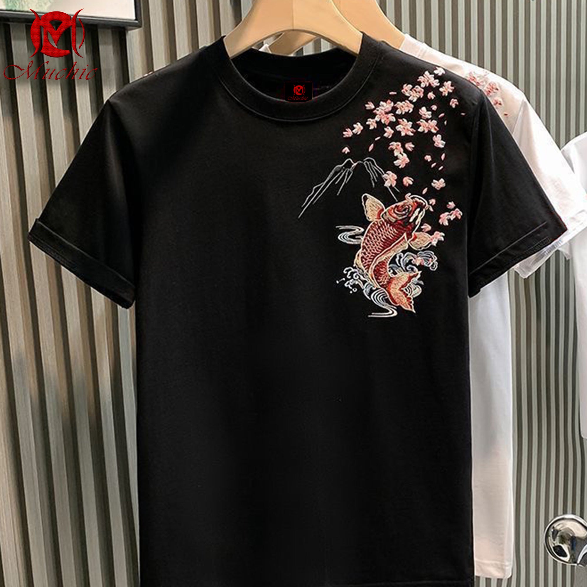 Unisex Intangible Cultural Heritage Goldfish and Cherry Blossom Embroidered T-shirt (Hand-embroidered) (Duty Free)