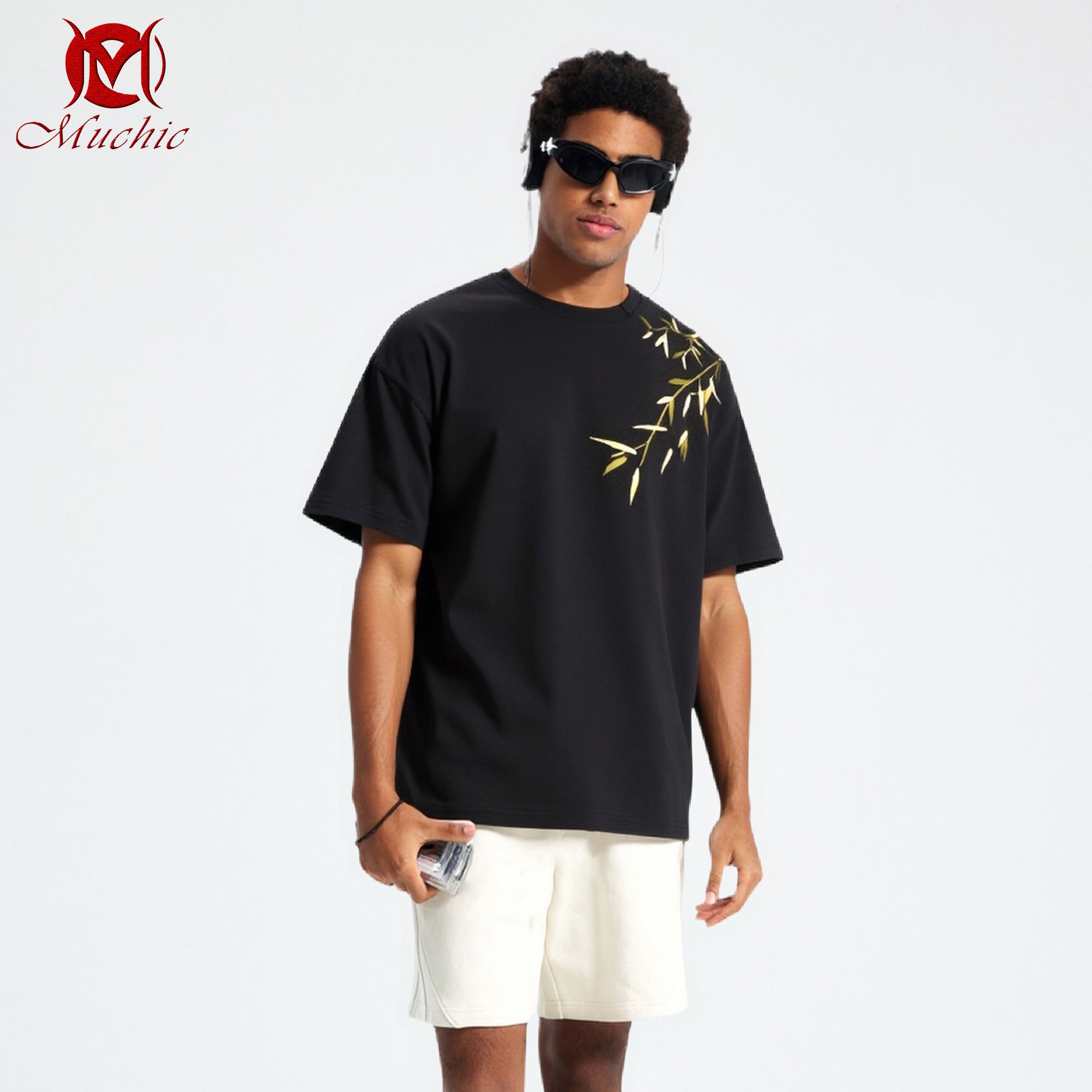 Unisex Intangible Cultural Heritage Bamboo Leaf Embroidery T-shirt (Hand Embroidery) (Duty Free)