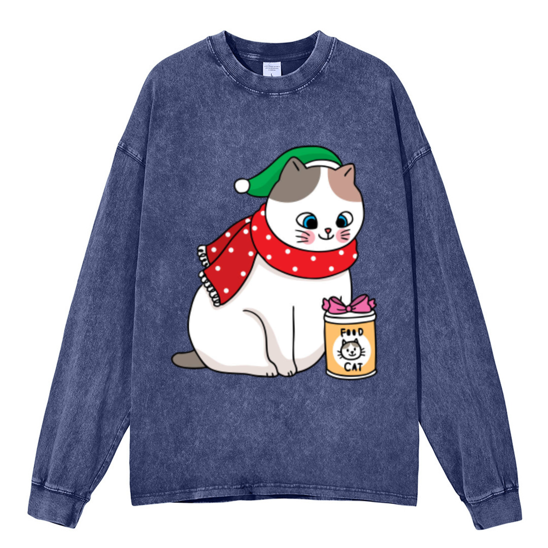 Muchic Cat Food Unisex Casual Washed Printed Round Neck Long Sleeve T-shirt