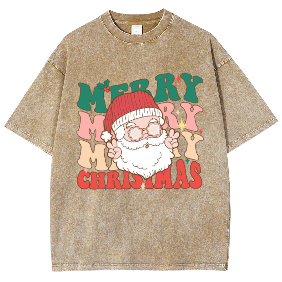 Muchic Merry Christmas Unisex Oversized Print Vintage Wash Denim T-Shirt