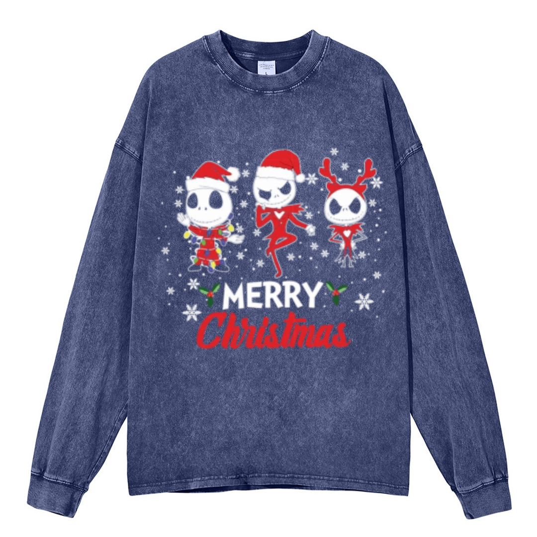 Muchic Merry Christmas Unisex Casual Washed Printed Round Neck Long Sleeve T-shirt