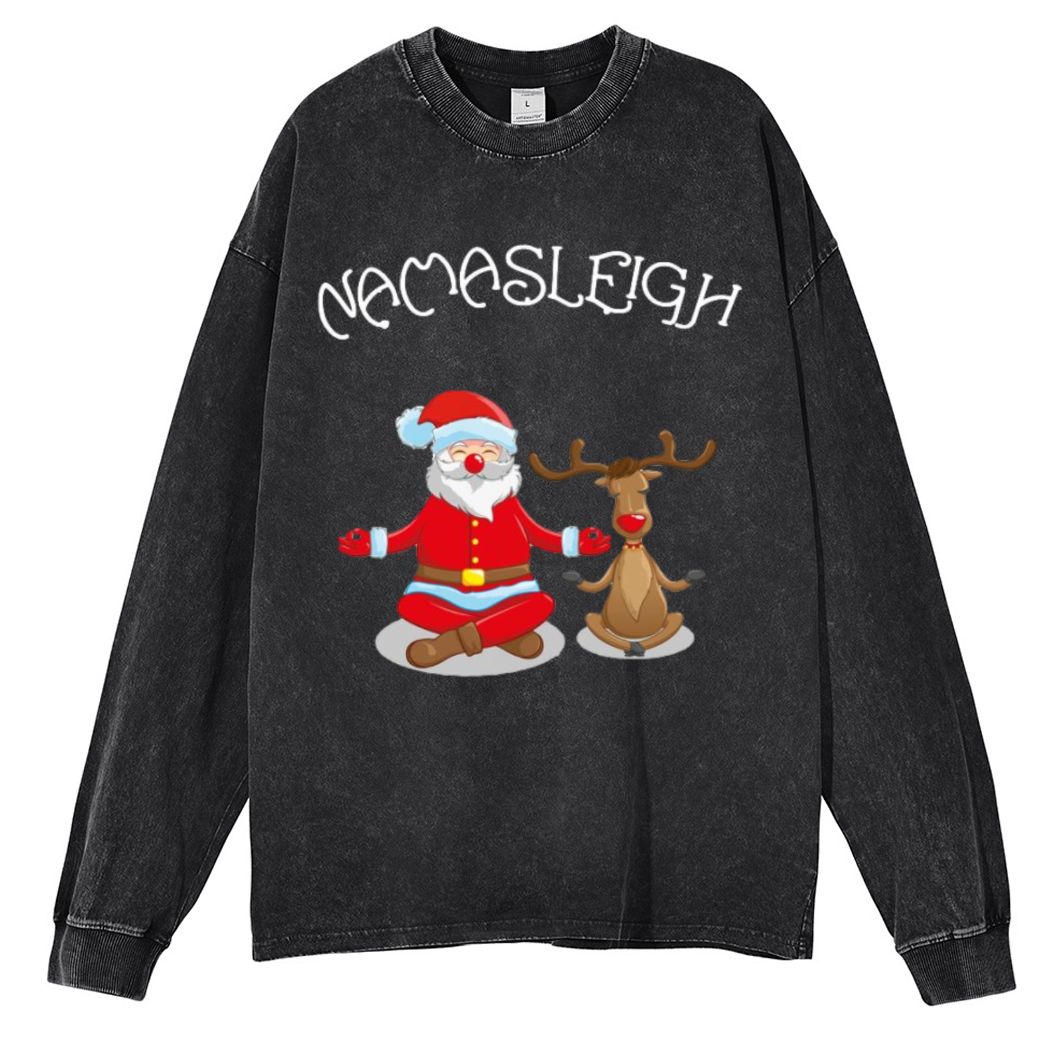 Muchic Nama Sleigh Unisex Casual Washed Printed Round Neck Long Sleeve T-shirt