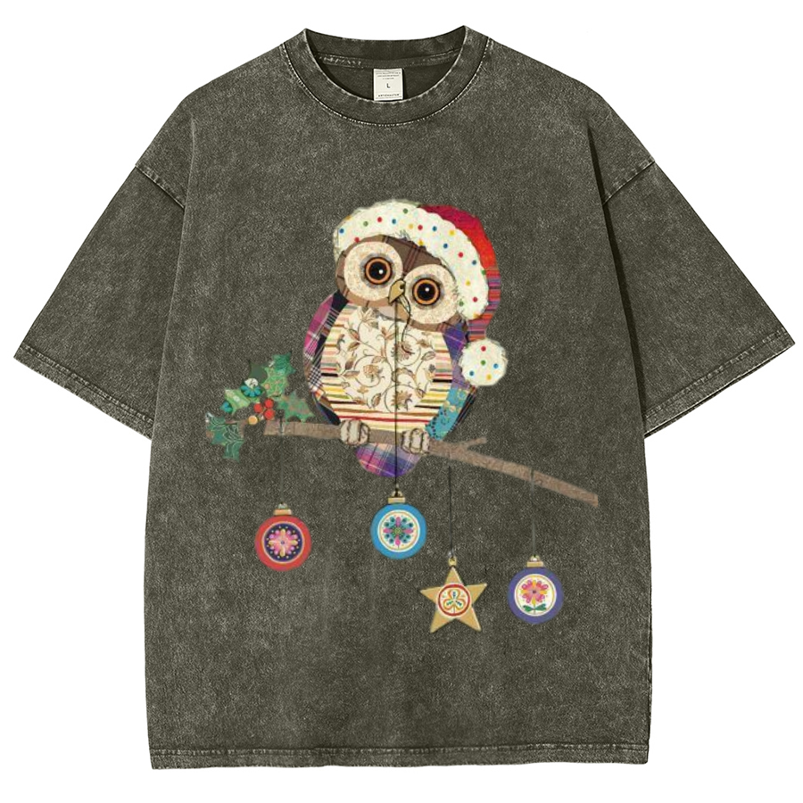 Muchic Owl Christmas Unisex Oversized Print Vintage Wash Denim T-Shirt