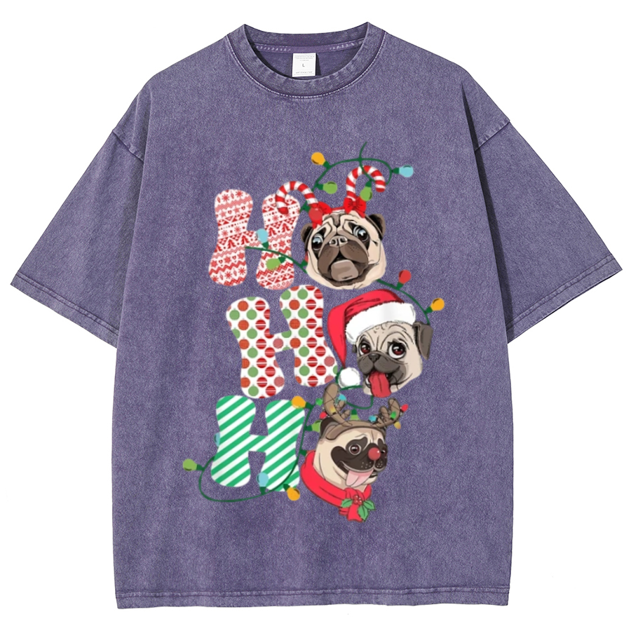 Muchic Pug Christmas Unisex Oversized Print Vintage Wash Denim T-Shirt