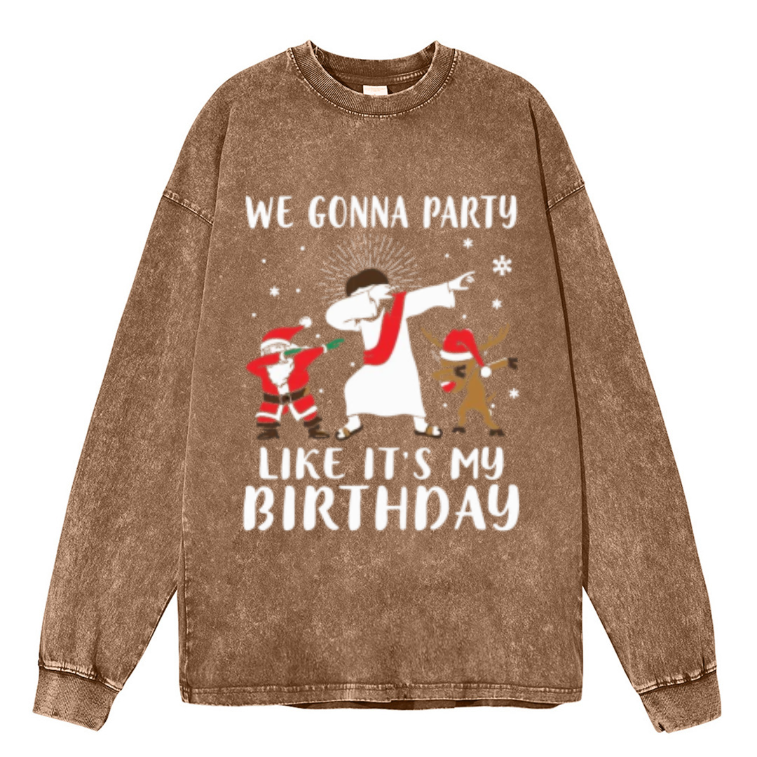 Muchic We Gonna Party Unisex Casual Washed Printed Round Neck Long Sleeve T-shirt