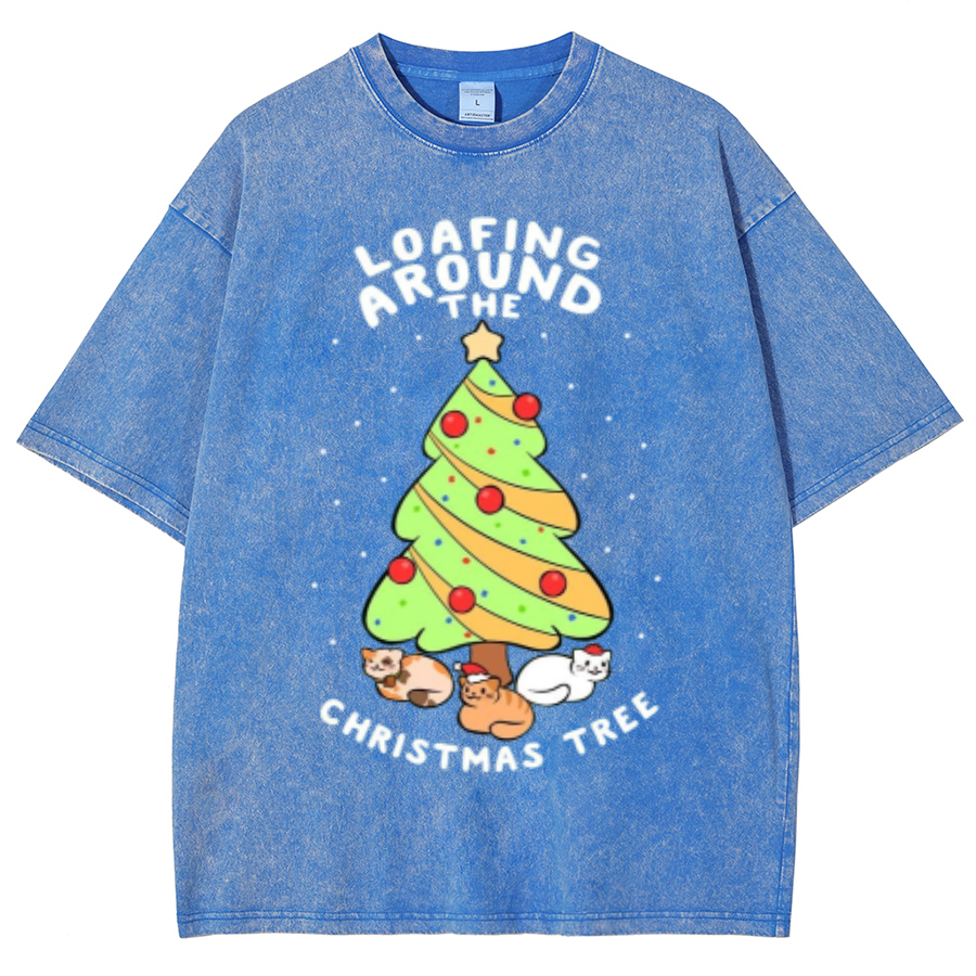 Muchic Christmas Tree Unisex Oversized Print Vintage Wash Denim T-Shirt