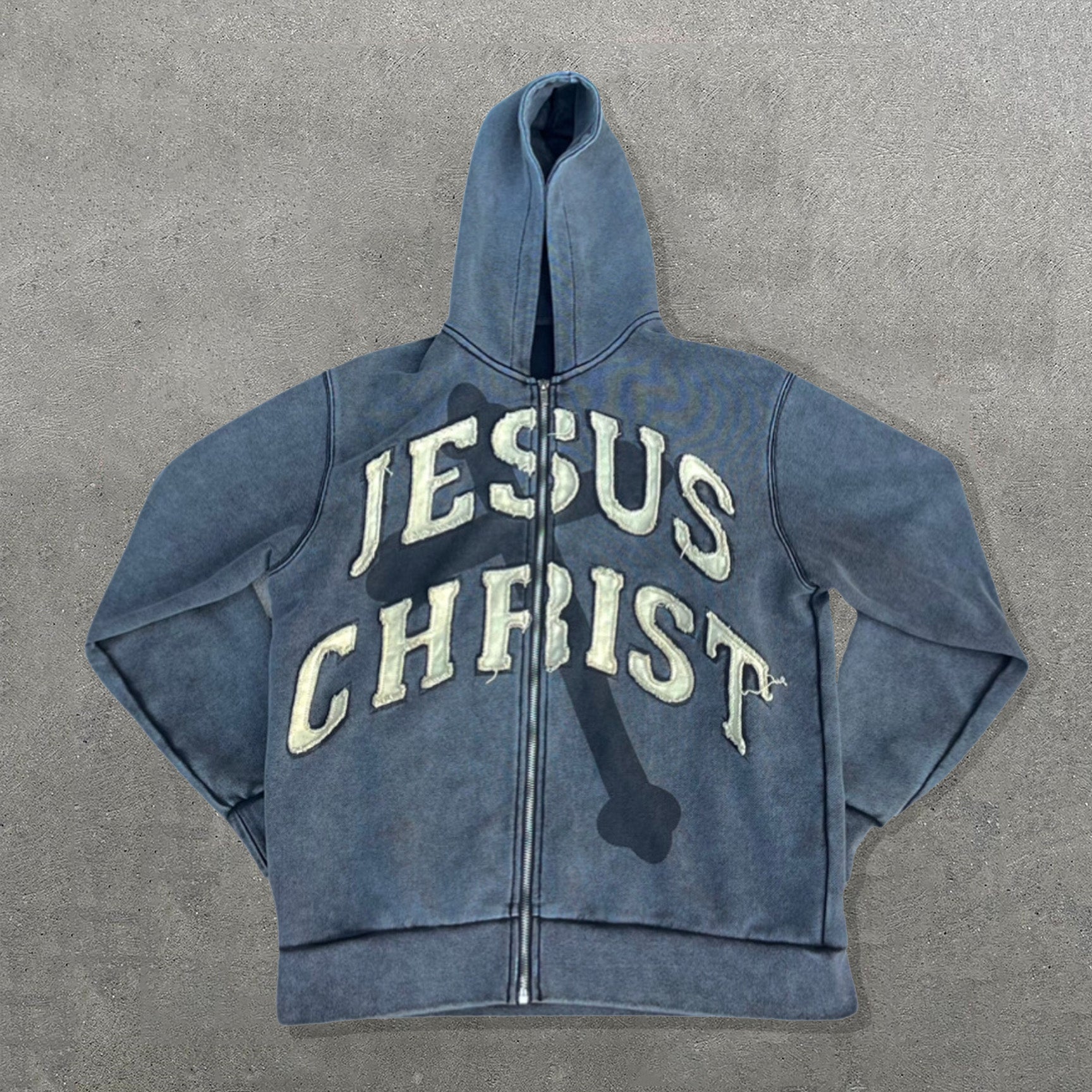 Muchic Jesus Christ Print Long Sleeve Applique Embroidered Zipper Hoodies