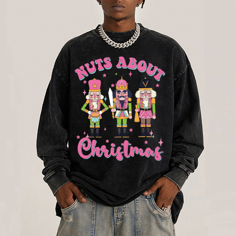 Muchic Nuts About Christmas Unisex Casual Washed Printed Round Neck Long Sleeve T-shirt