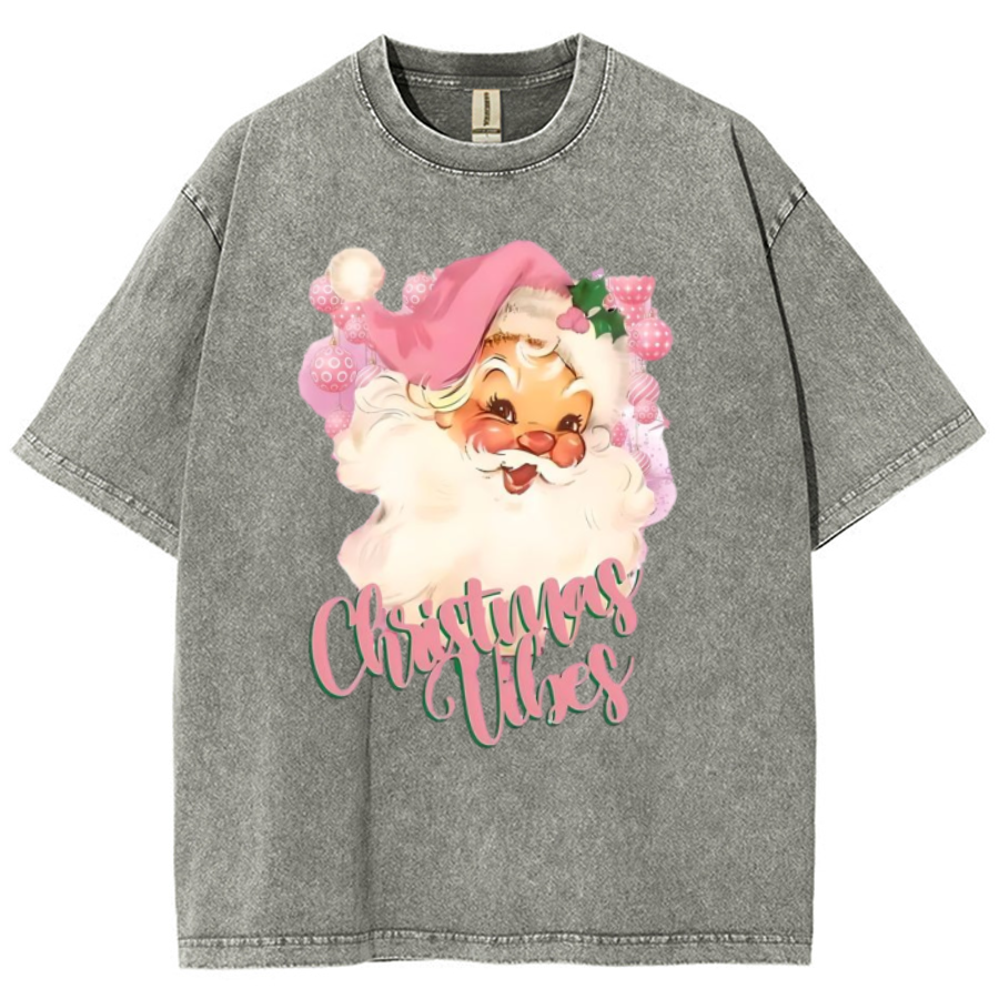 Muchic Christmas Vibes Unisex Printed Retro Washed Short Sleeved T-Shirt