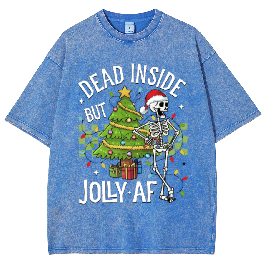 Muchic Dead Inside But Jolly Af Unisex Oversized Print Vintage Wash Denim T-Shirt